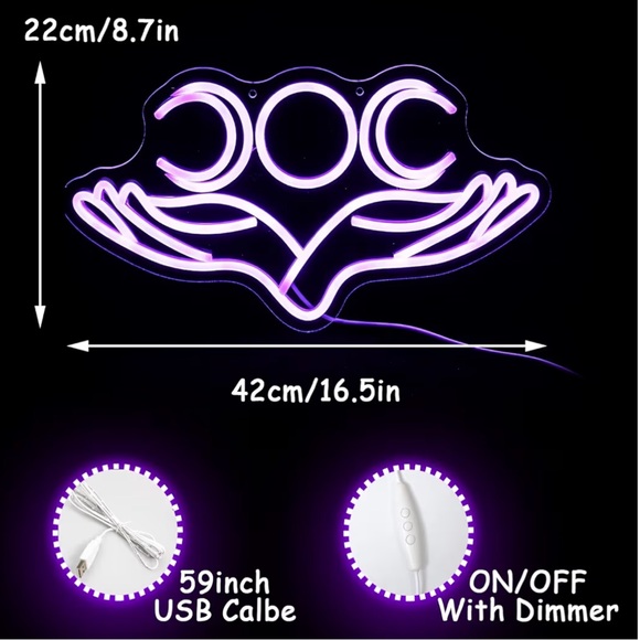 Purple Triple Moon Hands LED Neon Wall Sign Aesthetic Room Decor - Picture 2 of 7